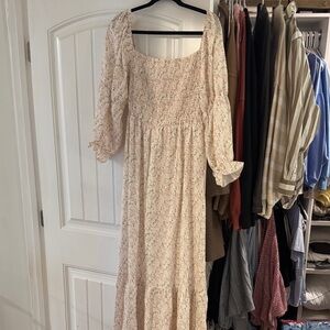 Floral Smocked Puff-Sleeve Maxi Dress - Cream